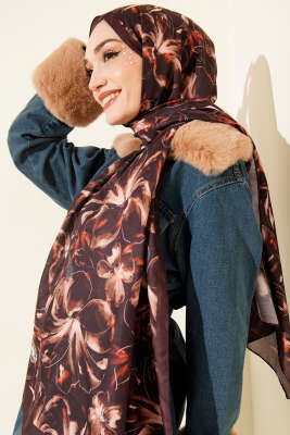 Zambak Desen Soft Şal Acı Kahve - Başörtüsü