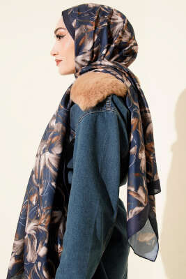 Zambak Desen Soft Şal Lacivert - Başörtüsü