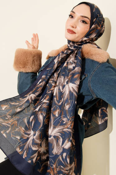 Zambak Desen Soft Şal Lacivert - Günün Seçilenleri