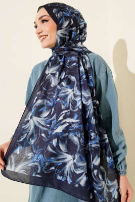 Zambak Desen Soft Şal Mavi - Başörtüsü