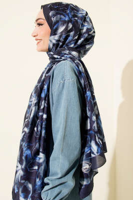 Zambak Desen Soft Şal Mavi - Başörtüsü