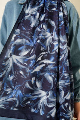 Zambak Desen Soft Şal Mavi - Başörtüsü