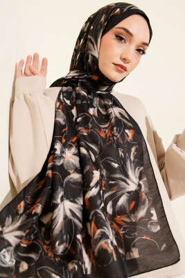 Zambak Desen Soft Şal Siyah - Başörtüsü