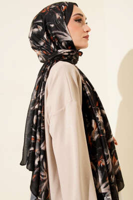 Zambak Desen Soft Şal Siyah - Başörtüsü