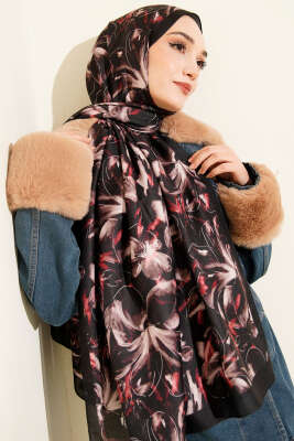 Zambak Desen Soft Şal Siyah Vizon - Başörtüsü