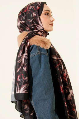 Zambak Desen Soft Şal Siyah Vizon - Başörtüsü