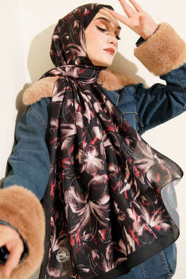 Zambak Desen Soft Şal Siyah Vizon - MODA KAPRİS