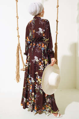 Zambak Desenli Kadın Acı Kahve Elbise - Tesettür Elbise