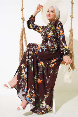 Zambak Desenli Kadın Acı Kahve Elbise 