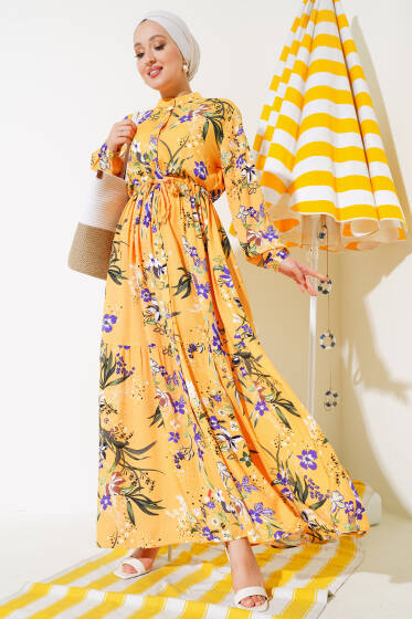 Zambak Desenli Kadın Hardal Elbise - Elbise