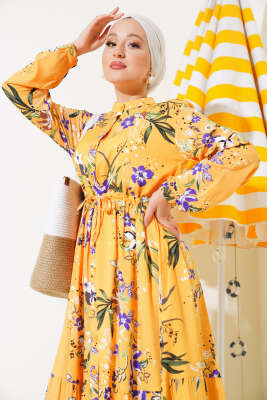 Zambak Desenli Kadın Hardal Elbise - Tesettür Elbise