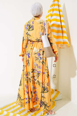 Zambak Desenli Kadın Hardal Elbise - Tesettür Elbise