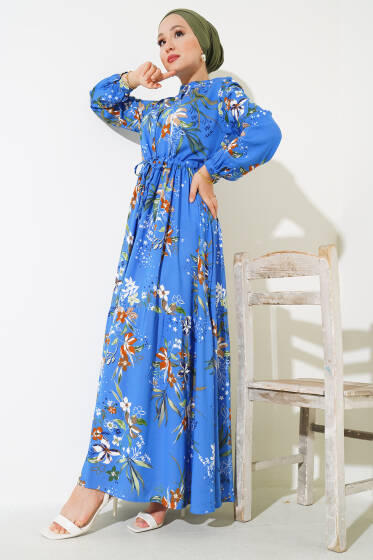 Zambak Desenli Kadın İndigo Elbise - Elbise