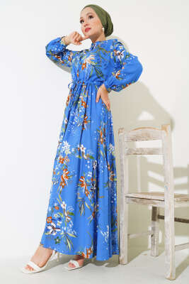 Zambak Desenli Kadın İndigo Elbise 