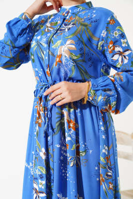 Zambak Desenli Kadın İndigo Elbise - Tesettür Elbise