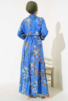 Zambak Desenli Kadın İndigo Elbise - Tesettür Elbise