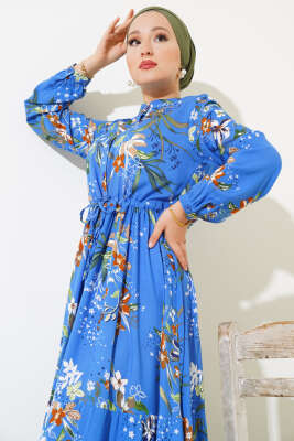 Zambak Desenli Kadın İndigo Elbise - Tesettür Elbise
