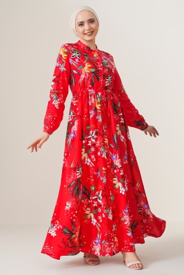Zambak Desenli Kadın Kırmızı Elbise - Thumbnail