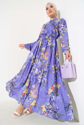 Zambak Desenli Kadın Lila Elbise 
