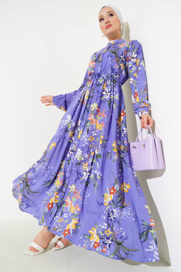 Zambak Desenli Kadın Lila Elbise - Tesettür Elbise