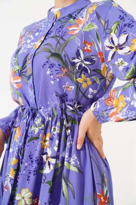 Zambak Desenli Kadın Lila Elbise - Tesettür Elbise