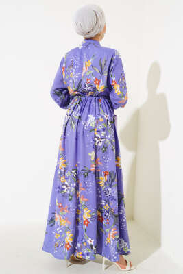 Zambak Desenli Kadın Lila Elbise - Tesettür Elbise