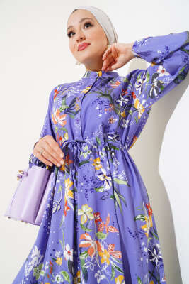 Zambak Desenli Kadın Lila Elbise - Tesettür Elbise