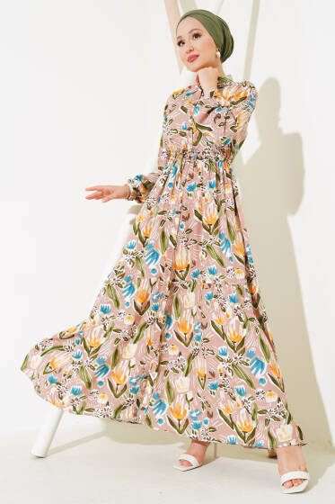 Zambak Desenli Kadın Pudra Elbise - Elbise