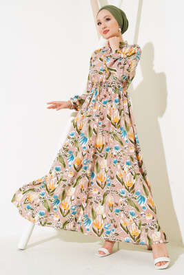 Zambak Desenli Kadın Pudra Elbise 