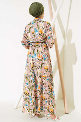 Zambak Desenli Kadın Pudra Elbise - Tesettür Elbise