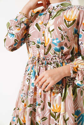 Zambak Desenli Kadın Pudra Elbise - Tesettür Elbise