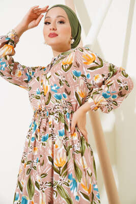 Zambak Desenli Kadın Pudra Elbise - Tesettür Elbise