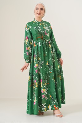 Zambak Desenli Kadın Yeşil Elbise - Thumbnail