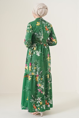 Zambak Desenli Kadın Yeşil Elbise - Thumbnail