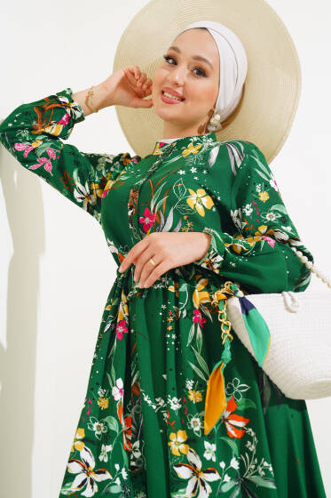 Zambak Desenli Kadın Zümrüt Elbise - Elbise