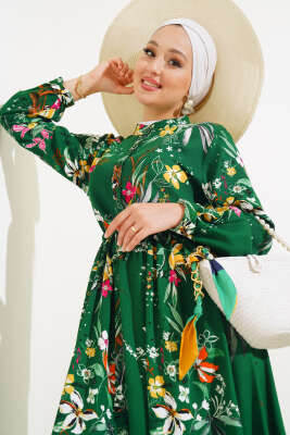 Zambak Desenli Kadın Zümrüt Elbise - Tesettür Elbise