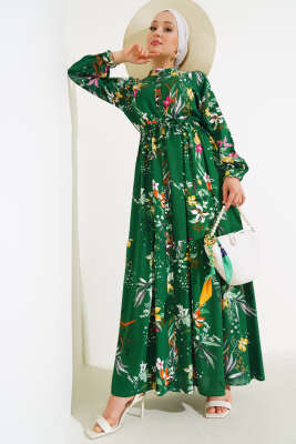 Zambak Desenli Kadın Zümrüt Elbise - Tesettür Elbise