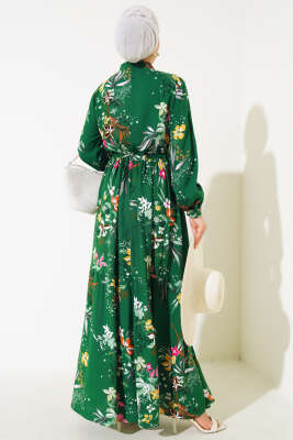 Zambak Desenli Kadın Zümrüt Elbise - Tesettür Elbise