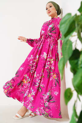 Zambak Desenli Kadın Fuşya Elbise 