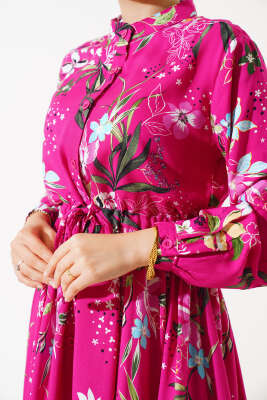 Zambak Desenli Kadın Fuşya Elbise - Tesettür Elbise