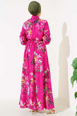 Zambak Desenli Kadın Fuşya Elbise - Tesettür Elbise