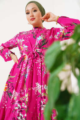 Zambak Desenli Kadın Fuşya Elbise - Tesettür Elbise