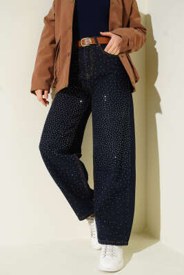 Geniş Paça Taşlı Kemerli Kot Pantolon Lacivert - ZARX JNS