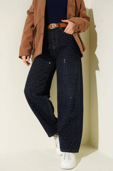 Geniş Paça Taşlı Kemerli Kot Pantolon Lacivert - Pantolon