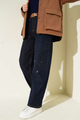 Geniş Paça Taşlı Kemerli Kot Pantolon Lacivert - Pantolon