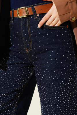 Geniş Paça Taşlı Kemerli Kot Pantolon Lacivert - Pantolon