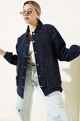 Mini Taşlı Torba Cepli Kot Ceket Lacivert 