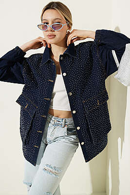 Mini Taşlı Torba Cepli Kot Ceket Lacivert - Kadın Giyim Modelleri