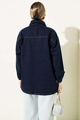 Mini Taşlı Torba Cepli Kot Ceket Lacivert - Kadın Giyim Modelleri