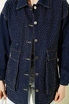 Mini Taşlı Torba Cepli Kot Ceket Lacivert - Kadın Giyim Modelleri